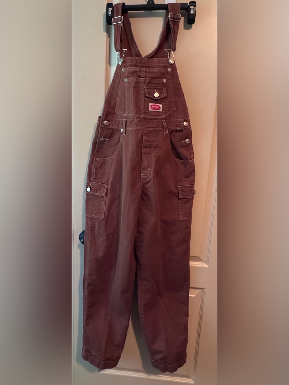 Women's vintage Revolt straight-leg twill carpenter overalls.